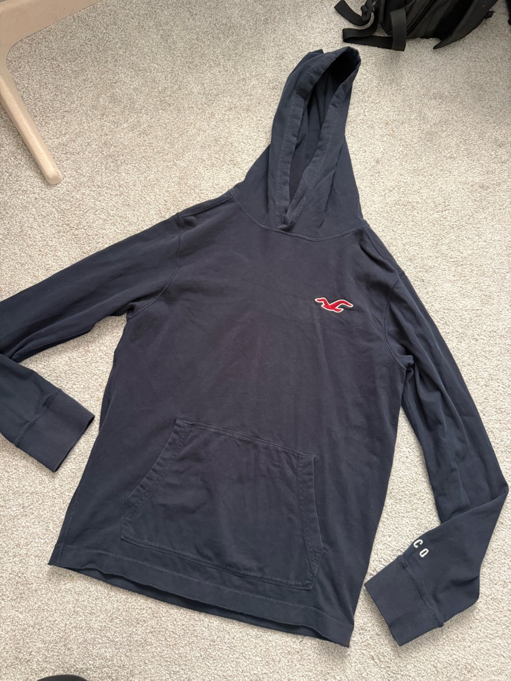 Hollister Navy Hooded Long-Sleeve Shirt with Red Logo